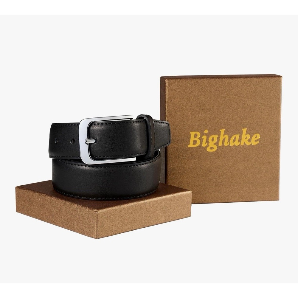 Bighake Men's Black Genuine Leather Dress Belt 32"-33"